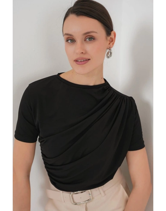 Büzgü Detaylı Kısa Kol Sandy Bluz 945  Siyah