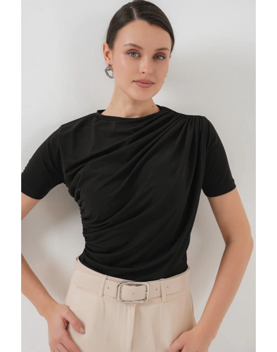 Büzgü Detaylı Kısa Kol Sandy Bluz 945  Siyah