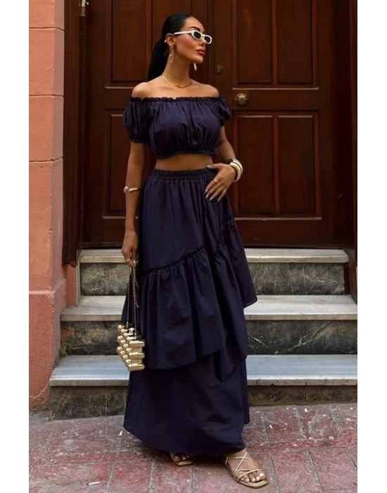 Büzgülü Crop Kat Detaylı Fırfır Etekli Takım 10196