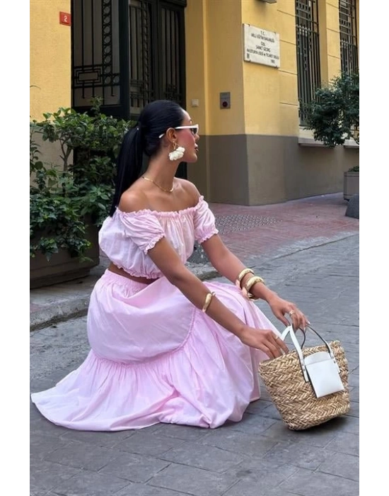 Büzgülü Crop Kat Detaylı Fırfır Etekli Takım 10196