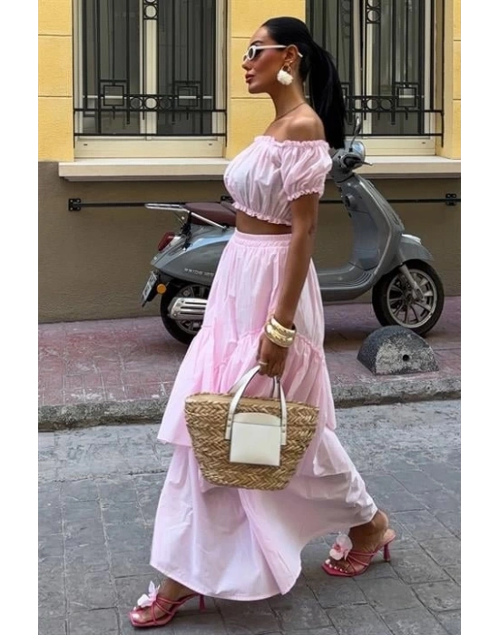 Büzgülü Crop Kat Detaylı Fırfır Etekli Takım 10196