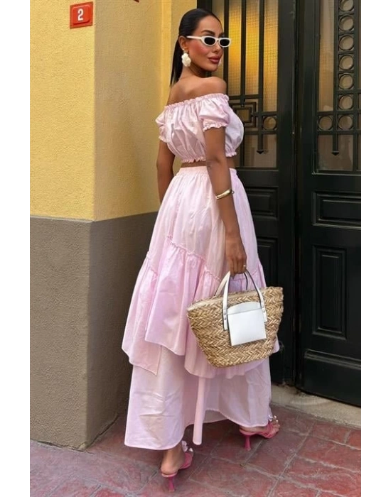 Büzgülü Crop Kat Detaylı Fırfır Etekli Takım 10196