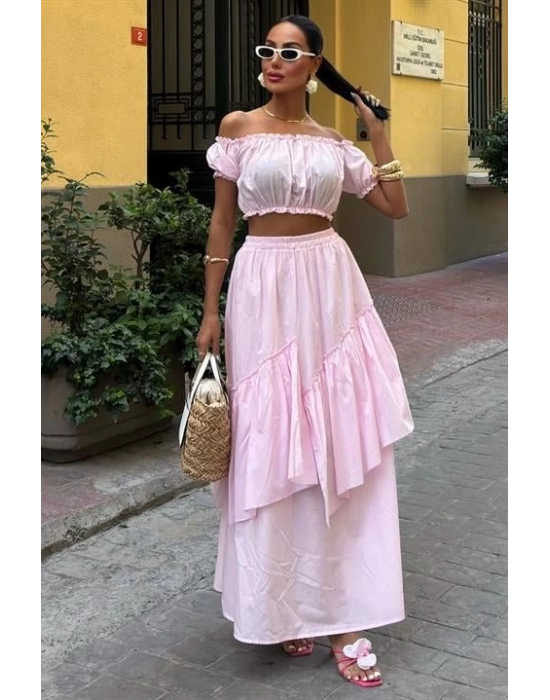 Büzgülü Crop Kat Detaylı Fırfır Etekli Takım 10196