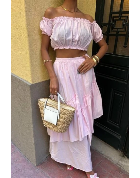 Büzgülü Crop Kat Detaylı Fırfır Etekli Takım 10196