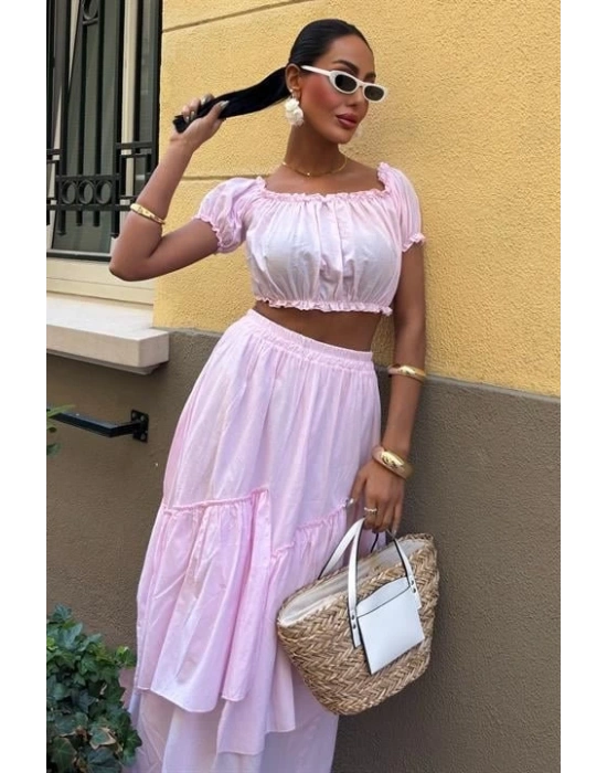 Büzgülü Crop Kat Detaylı Fırfır Etekli Takım 10196