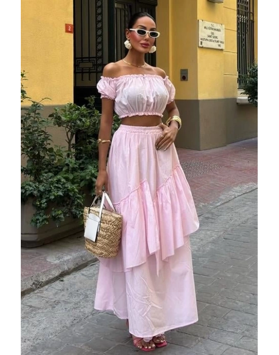 Büzgülü Crop Kat Detaylı Fırfır Etekli Takım 10196