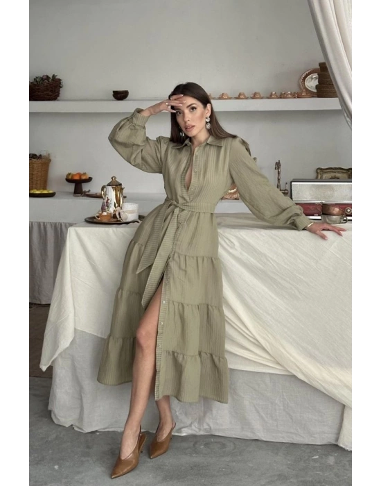 Çağla Çizgi Desenli Uzun Elbise