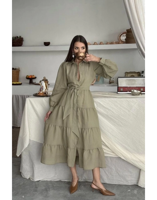 Çağla Çizgi Desenli Uzun Elbise