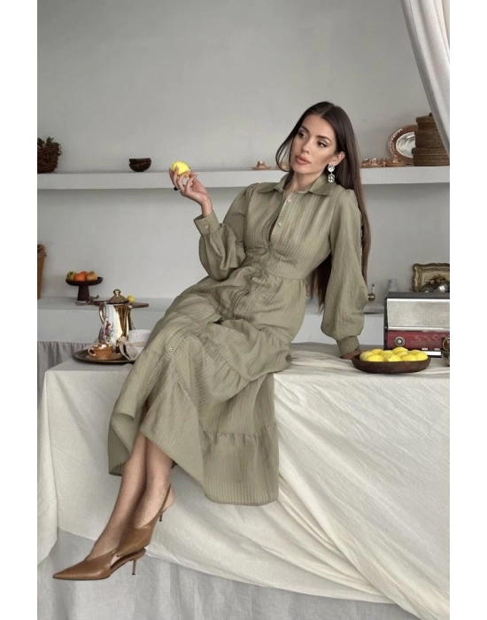 Çağla Çizgi Desenli Uzun Elbise