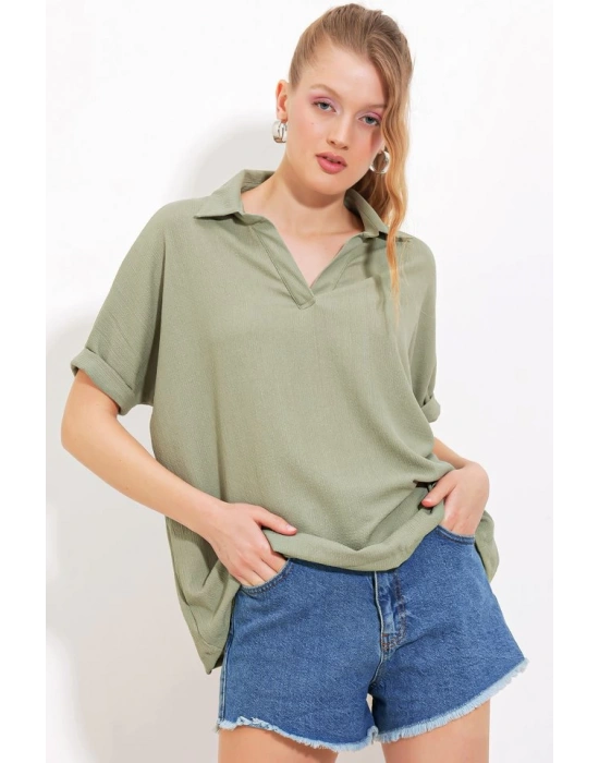 Çağla Oversize Polo Yaka Örme Bluz 0486