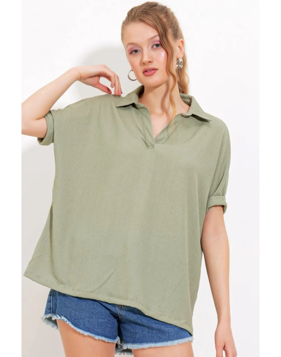 Çağla Oversize Polo Yaka Örme Bluz 0486