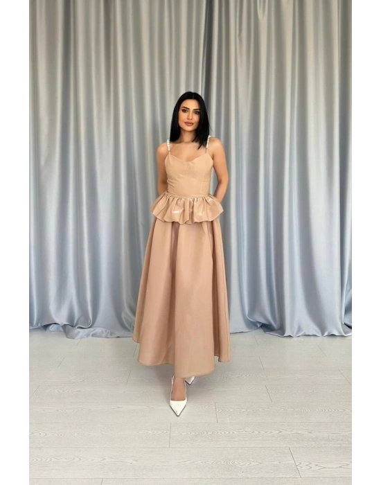 Camel Beli Büzgülü İnci Askılı Uzun Elbise