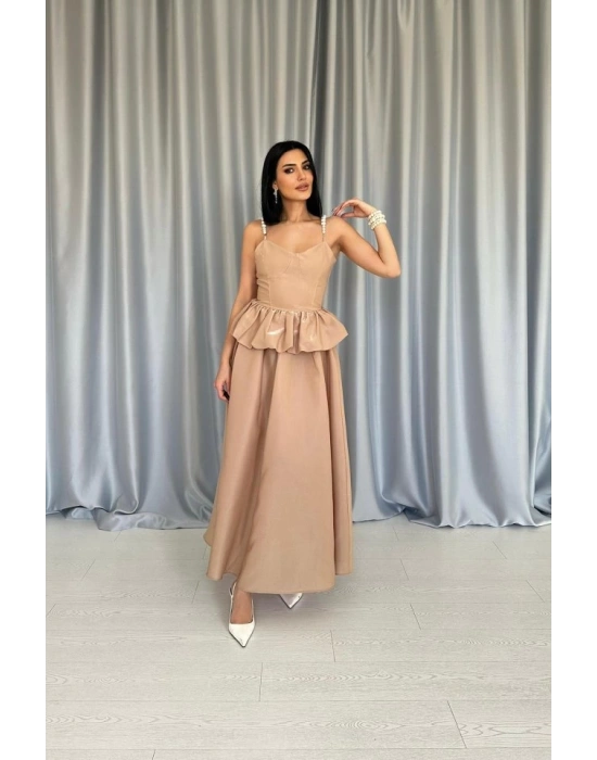 Camel Beli Büzgülü İnci Askılı Uzun Elbise