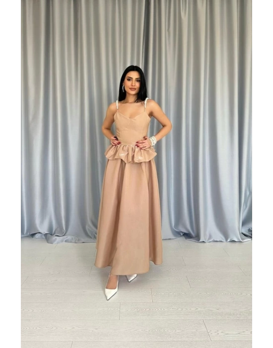 Camel Beli Büzgülü İnci Askılı Uzun Elbise