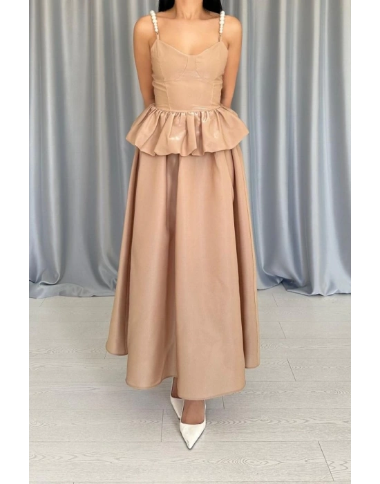 Camel Beli Büzgülü İnci Askılı Uzun Elbise