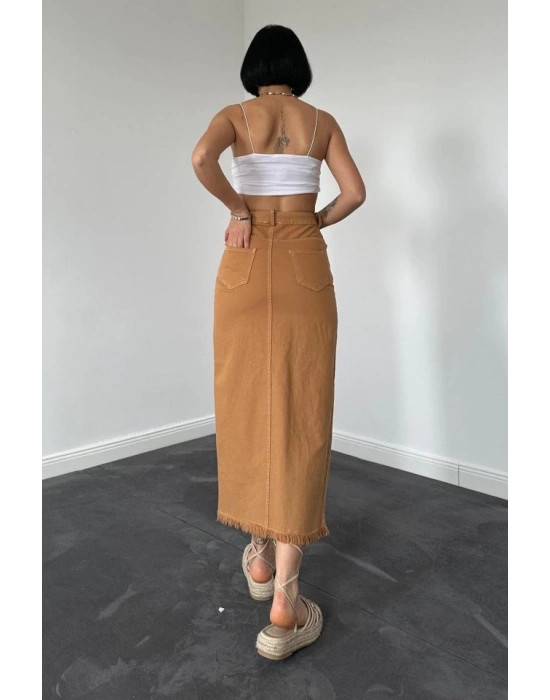 Camel Gabardin Boyamalı Püsküllü Etek