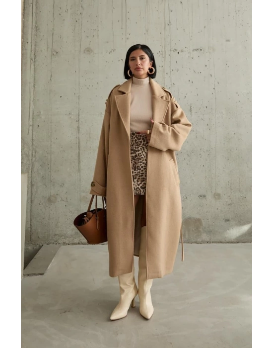 Camel Uzun Kaşe Kemerli Kaban