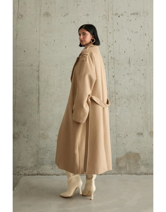 Camel Uzun Kaşe Kemerli Kaban