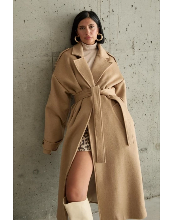 Camel Uzun Kaşe Kemerli Kaban