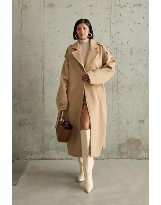 Camel Uzun Kaşe Kemerli Kaban