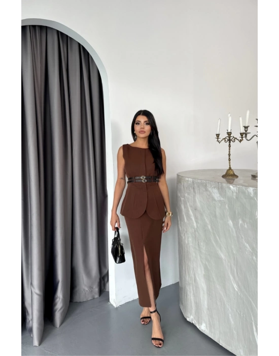 CEKETETEK GÖRÜNÜLÜ ELBİSEÇİFT KEER DETAYLI  Kahverengi