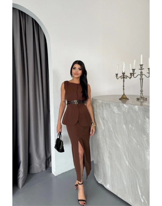 CEKETETEK GÖRÜNÜLÜ ELBİSEÇİFT KEER DETAYLI  Kahverengi