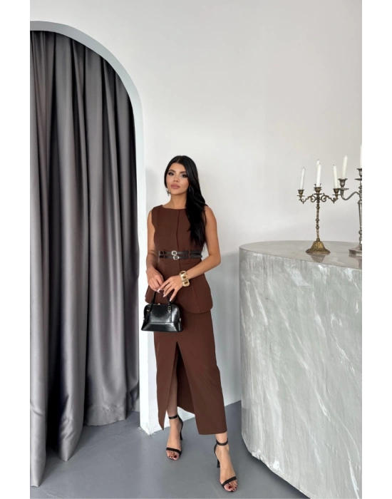 CEKETETEK GÖRÜNÜLÜ ELBİSEÇİFT KEER DETAYLI  Kahverengi