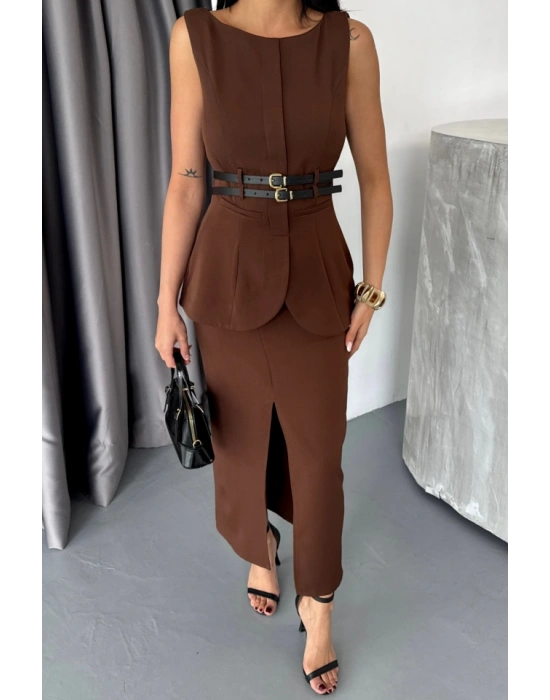 CEKETETEK GÖRÜNÜLÜ ELBİSEÇİFT KEER DETAYLI  Kahverengi