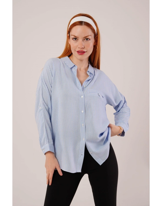 Cep Detay Çizgili Oversize avi Gömlek