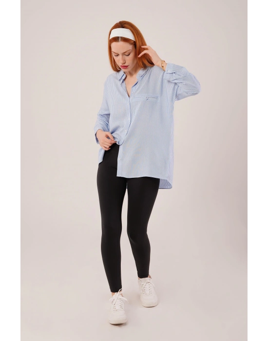 Cep Detay Çizgili Oversize avi Gömlek