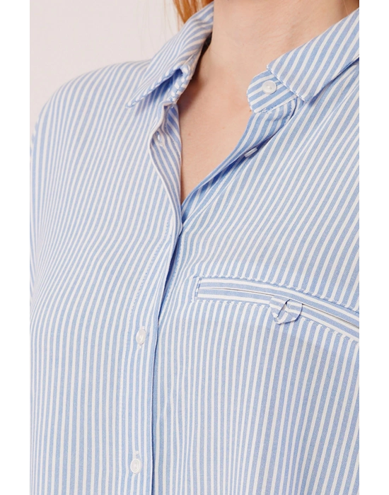 Cep Detay Çizgili Oversize avi Gömlek