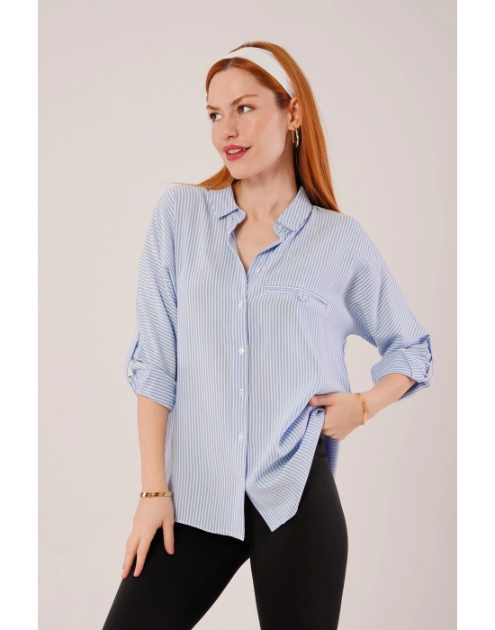 Cep Detay Çizgili Oversize avi Gömlek