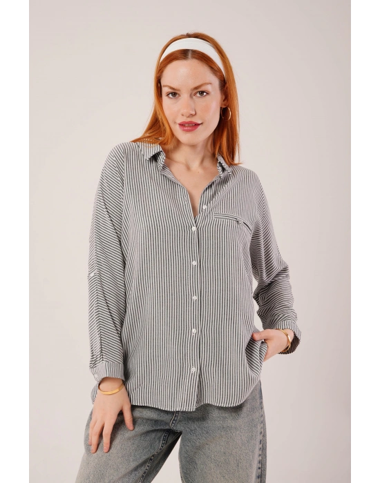 Cep Detay Çizgili Oversize Gri Gömlek
