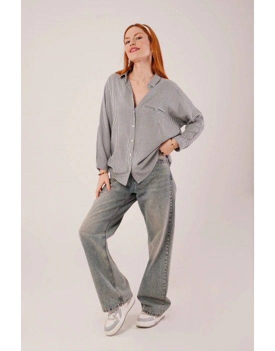 Cep Detay Çizgili Oversize Gri Gömlek