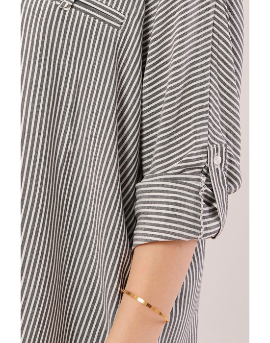 Cep Detay Çizgili Oversize Gri Gömlek