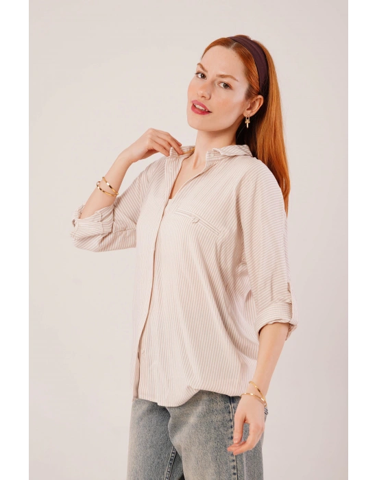 Cep Detay Çizgili Oversize Krem Gömlek