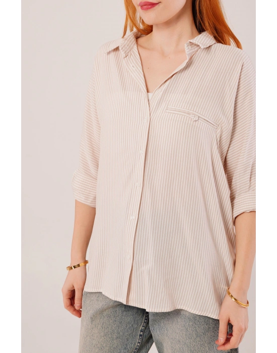 Cep Detay Çizgili Oversize Krem Gömlek