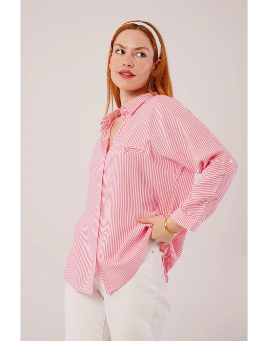 Cep Detay Çizgili Oversize Pembe Gömlek
