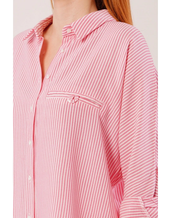 Cep Detay Çizgili Oversize Pembe Gömlek