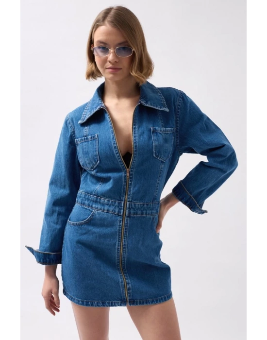 Cep Detaylı Fermuarlı Denim Elbise