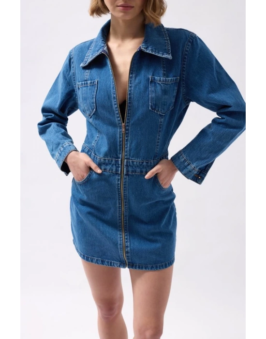 Cep Detaylı Fermuarlı Denim Elbise