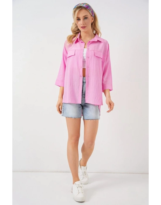Cep Detaylı Kısa Kol Gömlek 20317  Pembe