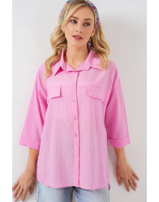 Cep Detaylı Kısa Kol Gömlek 20317  Pembe