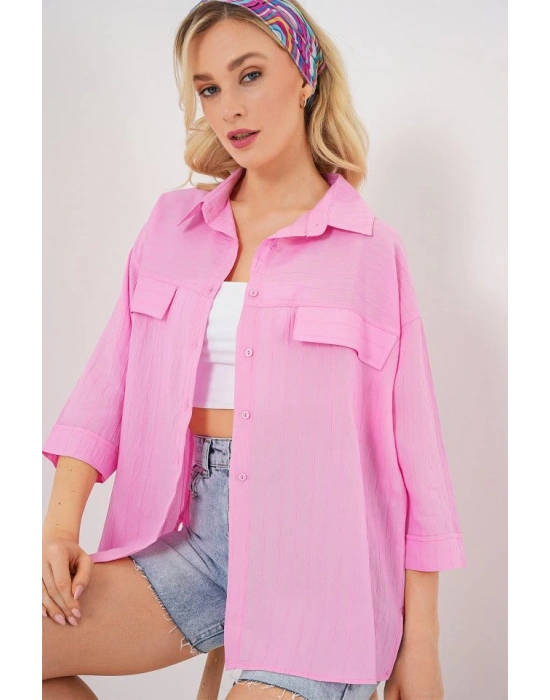 Cep Detaylı Kısa Kol Gömlek 20317  Pembe