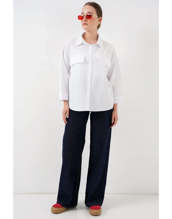 Cep Detaylı Oversize Gömlek 20313  Beyaz