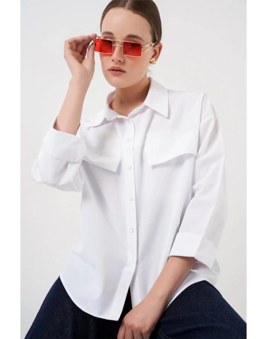 Cep Detaylı Oversize Gömlek 20313  Beyaz