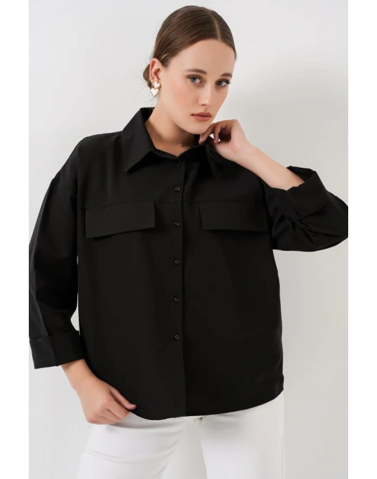 Cep Detaylı Oversize Gömlek 20313  Siyah