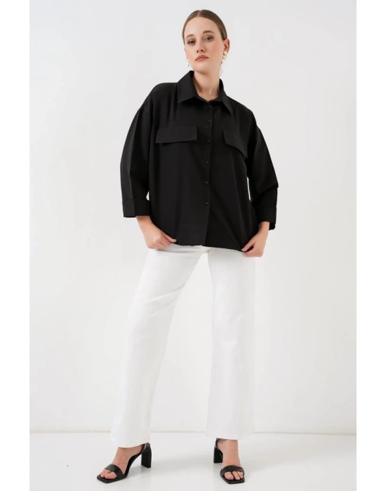 Cep Detaylı Oversize Gömlek 20313  Siyah