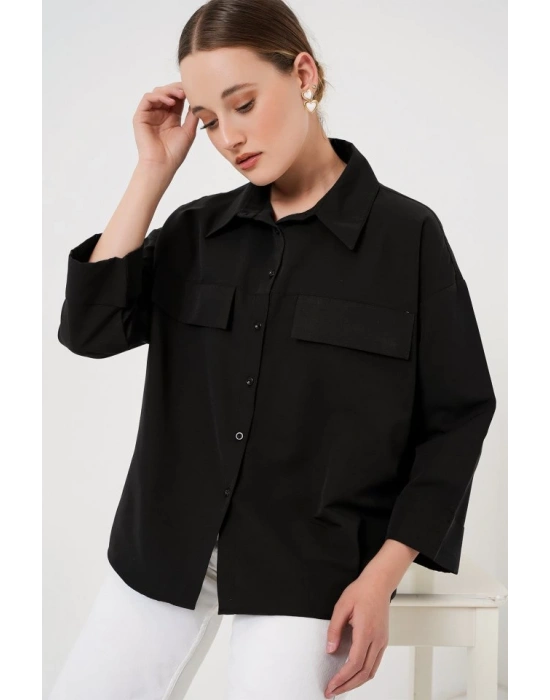 Cep Detaylı Oversize Gömlek 20313  Siyah