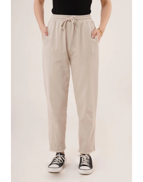 Cepli Belden Bağlamalı Paça Detaylı Krem Pantolon